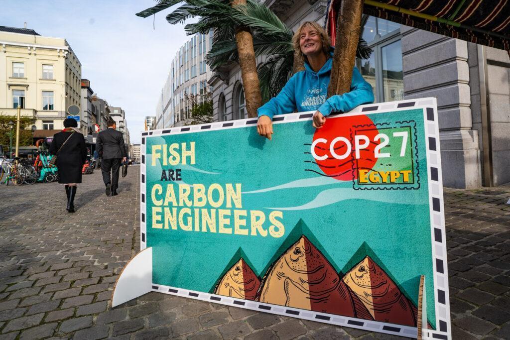 MEP Grace O'Sullivan with Our Fish at the European Parliament, Nov 2022, ahead of launch of Fish are Carbon Engineers paper at COP27 in Egypt.