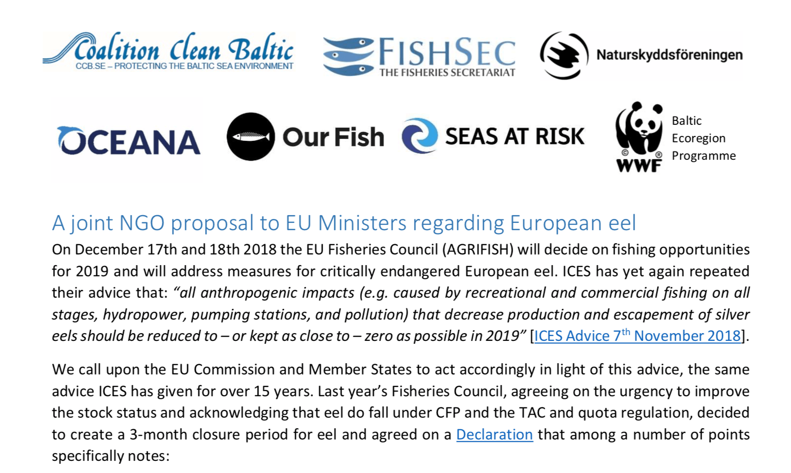 A joint NGO proposal to EU Ministers regarding European eel