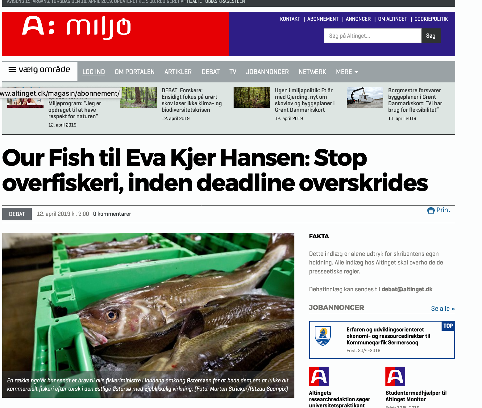 Our Fish til Eva Kjer Hansen: Stop overfiskeri, inden deadline overskrides