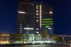 Projection against overfishing on the European Convention Centre, ahead of the AGRIFISH EU Council meeting of fisheries ministers, Luxembourg, 13 October 2019. Non-governmental organisations have called for an end to overfishing in EU waters, in line with EU member state commitments to follow the law and fish within scientific limits by 2020.