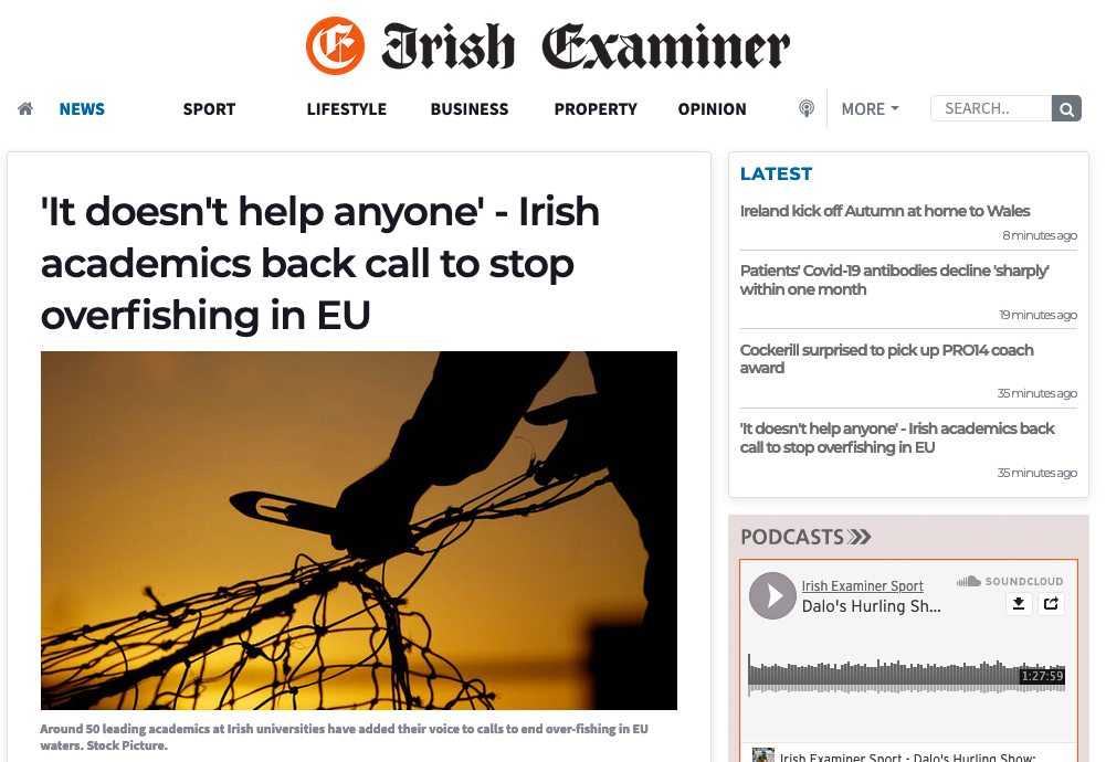Irish Examiner: 'It doesn't help anyone' - Irish academics back call to stop overfishing in EU