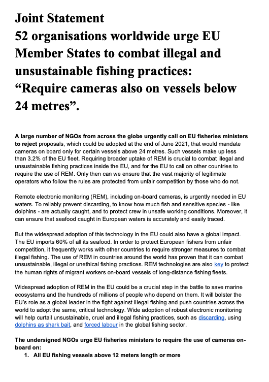 Joint Statement 52: organisations worldwide urge EU Member States to combat illegal and unsustainable fishing practices: “Require cameras also on vessels below 24 metres”.