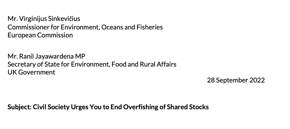 Letter: Civil Society Urges You to End Overfishing of Shared Stocks
